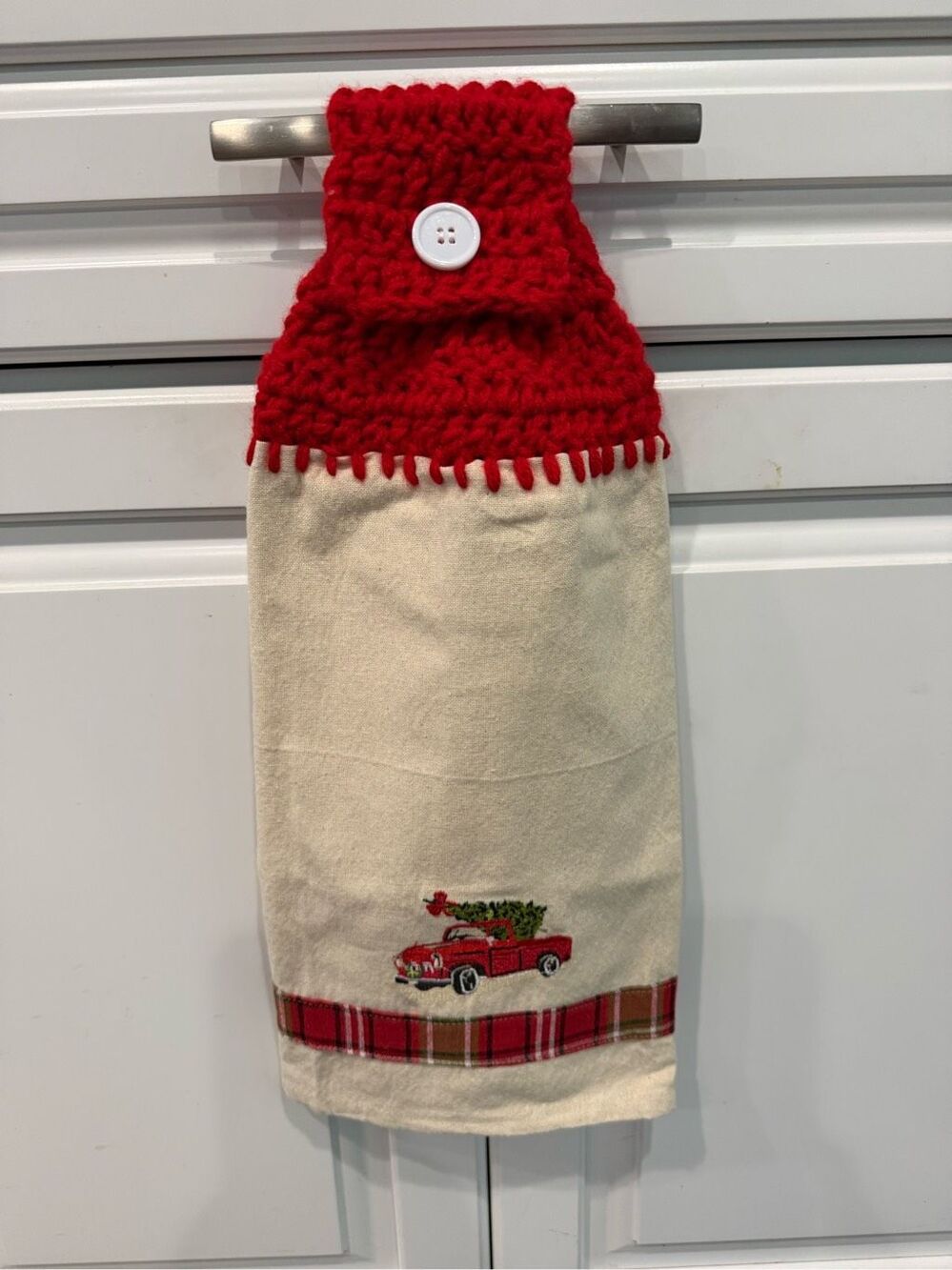 Crochet Top Kitchen Towel- Red truck with tree
